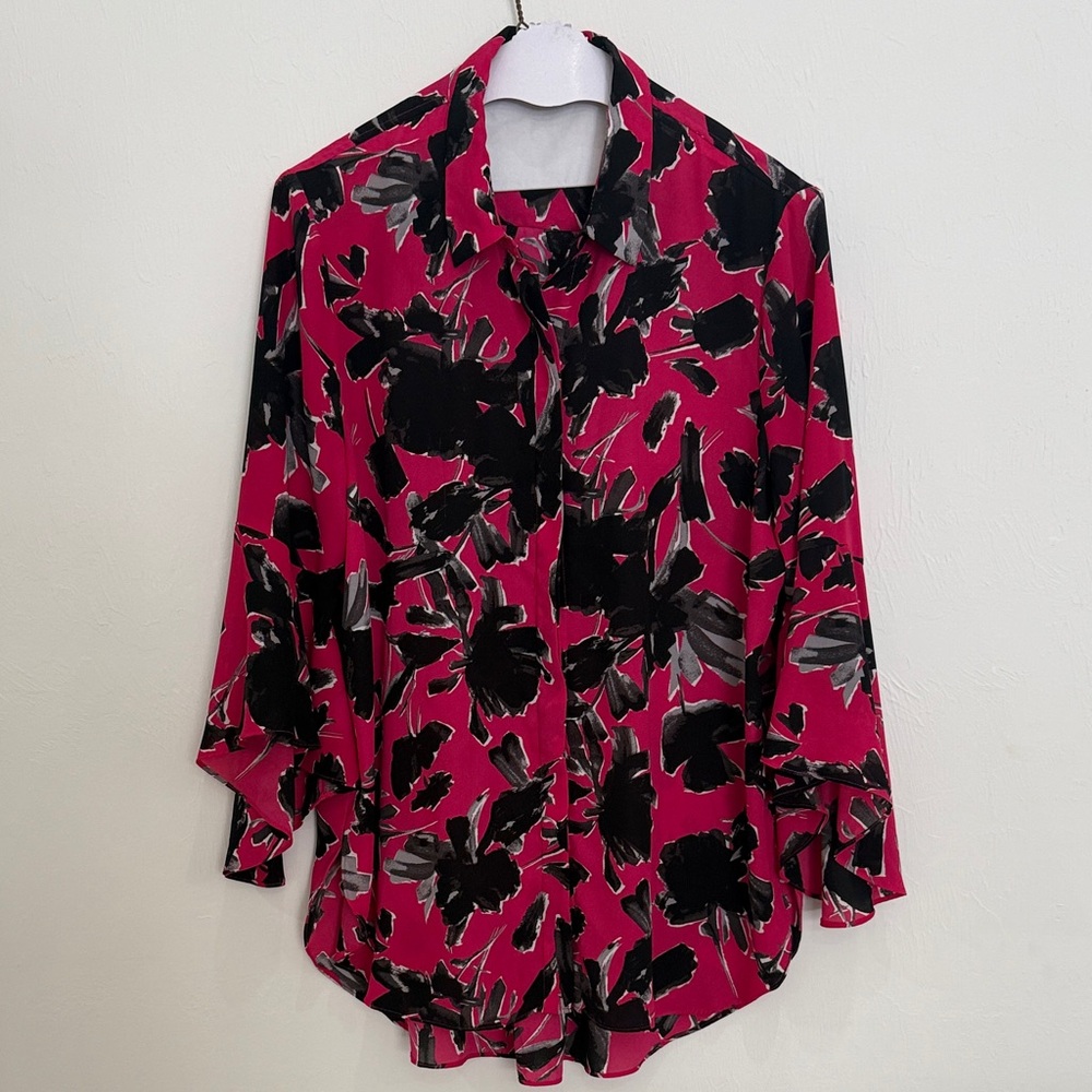 Elegant Black and Pink Floral Women's Button Down Shirt